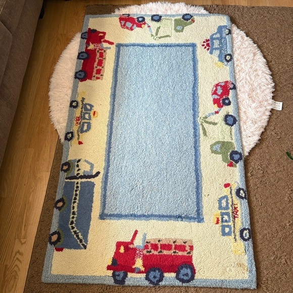 Vintage Pottery Barn Wool Carpet 3x5 59” x 36” Cars Firetruck Tow Truck Cab Blue - Picture 1 of 6